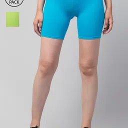 Apraa & Parma Women Set of 2 Sea Green & Blue Slim Fit Cycling Sports Shorts-image-104