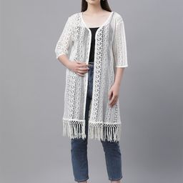 UnaOne Self Design Open Front Tasselled Longline Pure Cotton Shrug-57