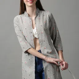 SHOWOFF Women Grey & White Printed Longline Shrug-28