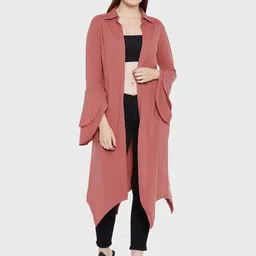 Hypernation Women Rust Solid Cotton Knitted Longline Shrug-image-92