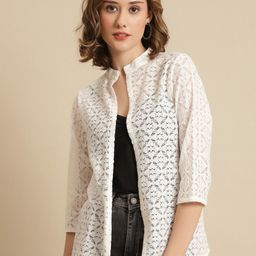 UnaOne Women Off White Open Front Collared Shrug-19