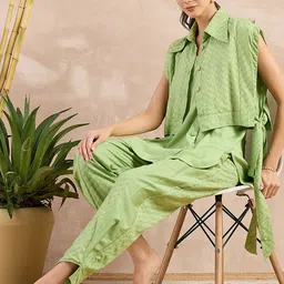 First Resort by Ramola Bachchan Self Design Herringbone Cotton Bib Cover-Up Crop Shrug-26