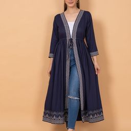 KALINI Ethnic Motifs Printed Longline Tie-Up Shrug-33