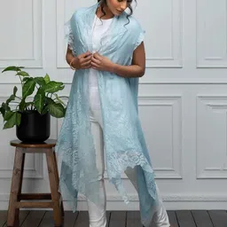 Rhe-Ana Self Design Embellished Woolen Longline Open Front Shrug image 2