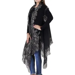 Rhe-Ana Floral Self Design Embroidered Woolen Longline Open Front Shrug image 4