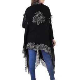 Rhe-Ana Floral Self Design Embroidered Woolen Longline Open Front Shrug image 5