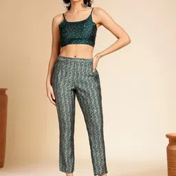 Anouk Teal Green Printed Shoulder Strap Top With Trousers & Shrug image 5