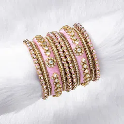 Peora Set Of 10 Pink Gold-Plated Velvet Matching Fancy Silk Thread Bangles image 1