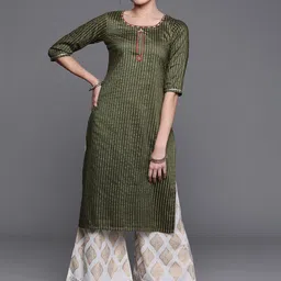 Libas Green Striped Thread Work Chanderi Silk Kurta-image-86