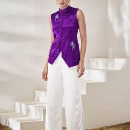 Fusionic Mandarin Collar Sleeveless Embellished Pure Silk Top-image-53