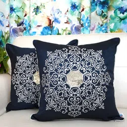TARA- Sparkling Homes Navy Blue & White Set of 2 Embroidered Square Cushion Covers-11