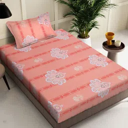 KLOTTHE Orange & White Floral Cotton 400 TC Fitted Single Bedsheet With Pillow Cover-image-20