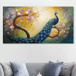 nestroots Yellow & White Peacock On Flowered Branch Canvas Wall Art-image-90
