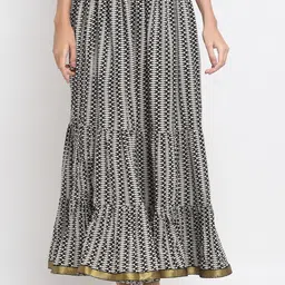 SOUNDARYA Women White & Black Printed Pure Cotton Tiered Maxi Skirt-image-49