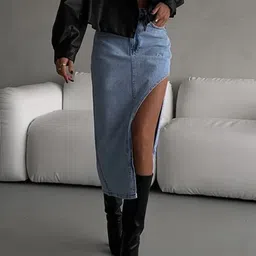 Stylecast X KPOP Blue Washed Denim Thigh-Slit A-Line Midi Skirt-image-59