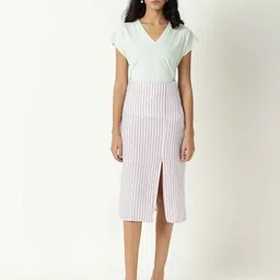 RAREISM Women White & Grey Striped Straight Skirt-image-35