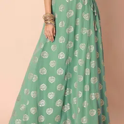 INDYA Women Green & Gold-Coloured Printed Flared Maxi Skirt-picture-7