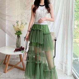 StyleCast Green Ruffles Flared Maxi Skirt-image-83