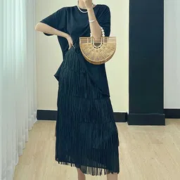 StyleCast Navy Blue Layered Frills Detail Flared Midi Skirt-image-17