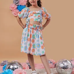 pspeaches Girls Floral Printed Ruched Crop Top With Skirt-image-7