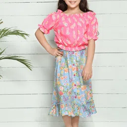 LilPicks Girls Pink & Turquoise Blue Printed Top with Skirt-image-8