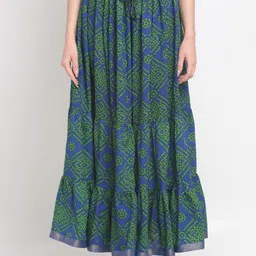 SOUNDARYA Women Blue & Green Printed Pure Cotton Flared Maxi Skirt-picture-6