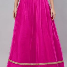 studio rasa Women Magenta Pink & Gold-Colored Flared Net Sequin Embellished Maxi Skirt-84