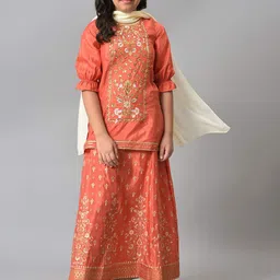 AURELIA Girls Peach-Coloured Embroidered Sequinned Kurti with Skirt & With Dupatta Set-image-7