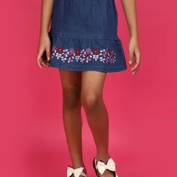 V-Mart Girls Floral Embroidered Mid-Rise Denim A-Line Skirt-picture-11