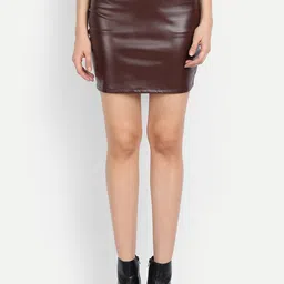 IX IMPRESSION Women Brown Solid Leather Mini Pencil Skirt-image-11
