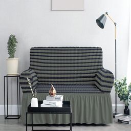 Cortina Grey & Blue Striped 3-Seater Sofa Cover With Skirt-9