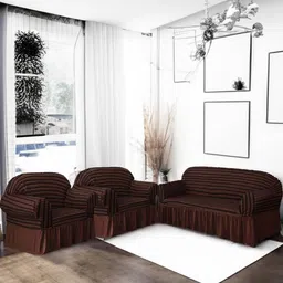 Cortina Brown 3 Pieces Slipcover Easy Fitted Sofa Couch Cover Set With Skirt-image-2