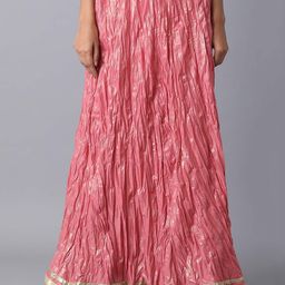 elleven Women Pink & Gold-Coloured Solid Flared Pure Cotton Maxi Skirt-17