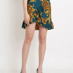 Popwings Women Green Printed Wrap Knee-Length Skirts-image-107