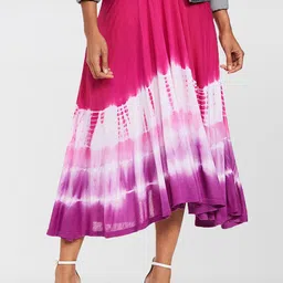 Dream of Glory Inc Women Pink Tie & Dye Printed Midi Flared Skirts-image-42