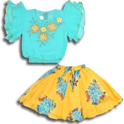 Wish Karo Girls Embellished Flutter Sleeves Gathered Smocked Top with Skirt-image-19