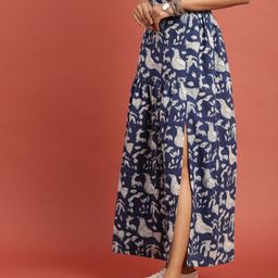 Taavi Blue & Off-White Indigo Hand Block Print Maxi Flared Sustainable Pure Cotton Skirt with Gathers & Slit-7