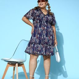 Berrylush Curve Plus Size Floral Print Flutter Sleeve Ruffled Chiffon Fit & Flare Dress image 1