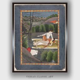 INDIAN CLASSIC ART Blue & Green Shiva Watches Parvati Sleep Painting Wall Art-image-49