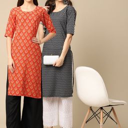 KALINI Set of 2 Women Printed Block Print Handloom Crepe Straight Kurta-image-85