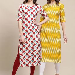 7Threads Women Pack Of 2 Cream-Coloured & Yellow Floral Printed Summer Sheers Crepe Kurta-image-128