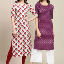 KALINI Women Pack Of 2 Off White & Magenta Printed Crepe Straight Kurta-16