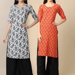 KALINI Women White & Orange Ethnic Motifs Printed Crepe Kurta-image-41