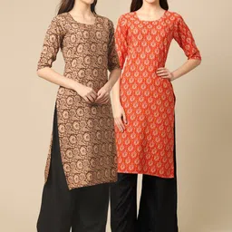 KALINI Women Pack of 2 Brown & Orange Geometric Printed Crepe Kurta-picture-15