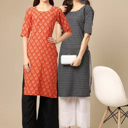 KALINI Women Pack Of 2 Orange & Black Ethnic Motifs Printed Crepe Kurta-image-88