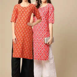 KALINI Women  Pack of 2 Orange & Coral Ethnic Motifs Printed Crepe Kurta-image-81