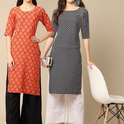 KALINI Women Pack of 2 Orange & Black Ethnic Motifs Printed Block Print Crepe Kurta-image-57