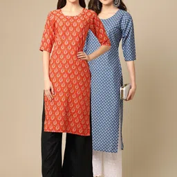 KALINI Women's Crepe Orange & Blue Color Printed Straight Handloom Kurta (PACK OF 2)-picture-32
