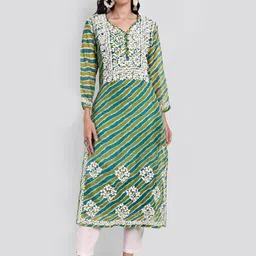 Seva Chikan Leheriya Printed Chikankari Detailed Cotton Silk Straight Kurta With Slip-picture-32