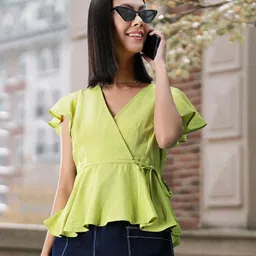 SASSAFRAS Lime Green Wrap Top With Flutter Sleeves-image-22